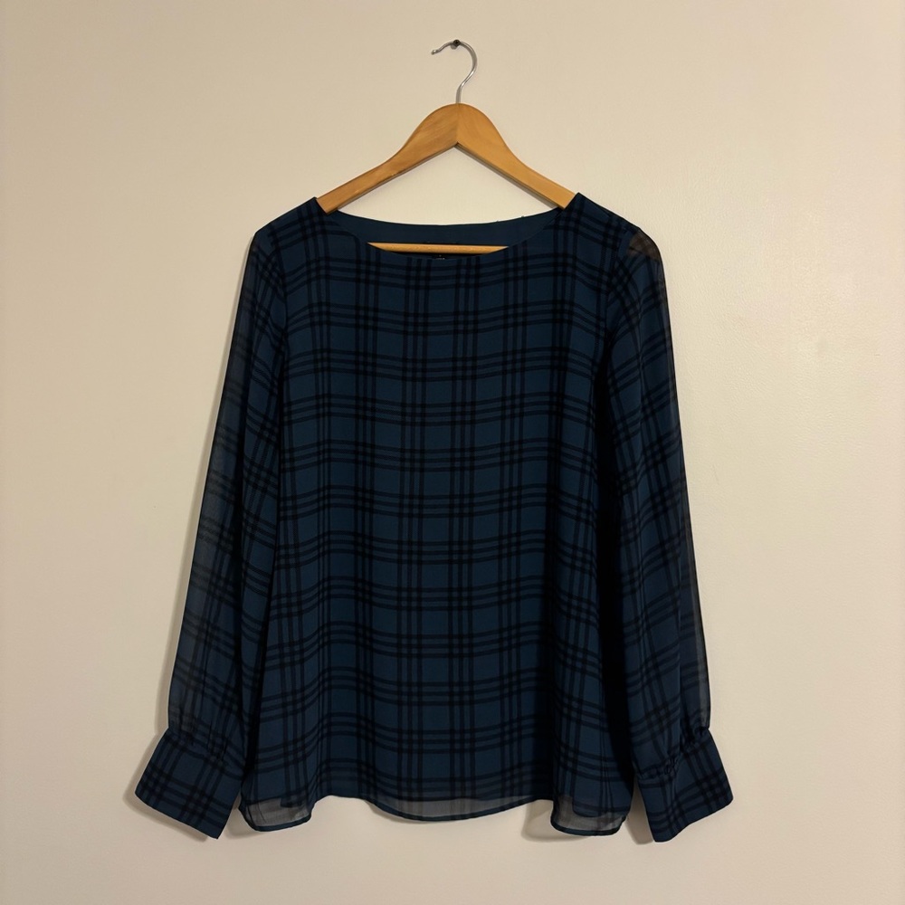 Ann Taylor Navy and Black Plaid Blouse - Picture 2 of 13